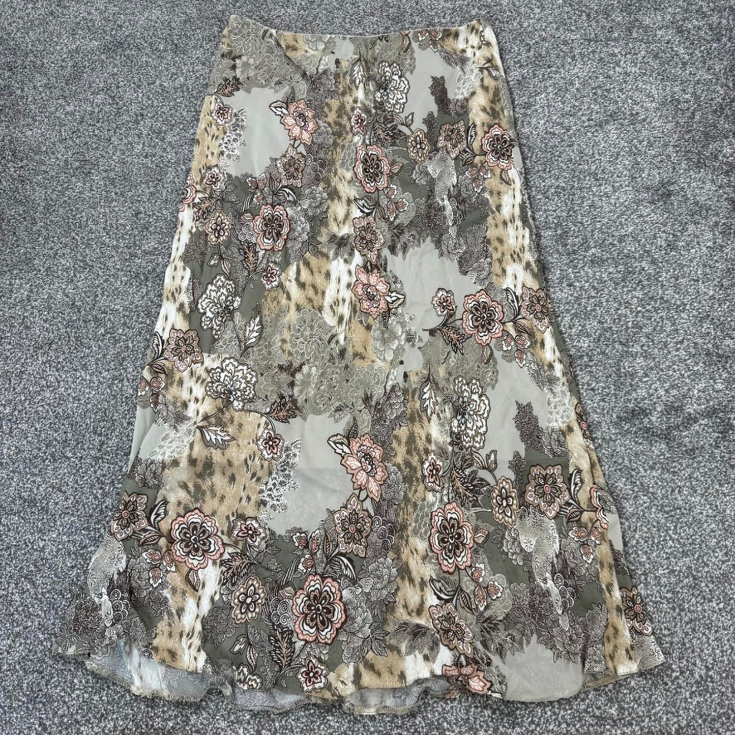 Y2K vintage midi skirt floral print leopard stretch knee length khaki pink brown