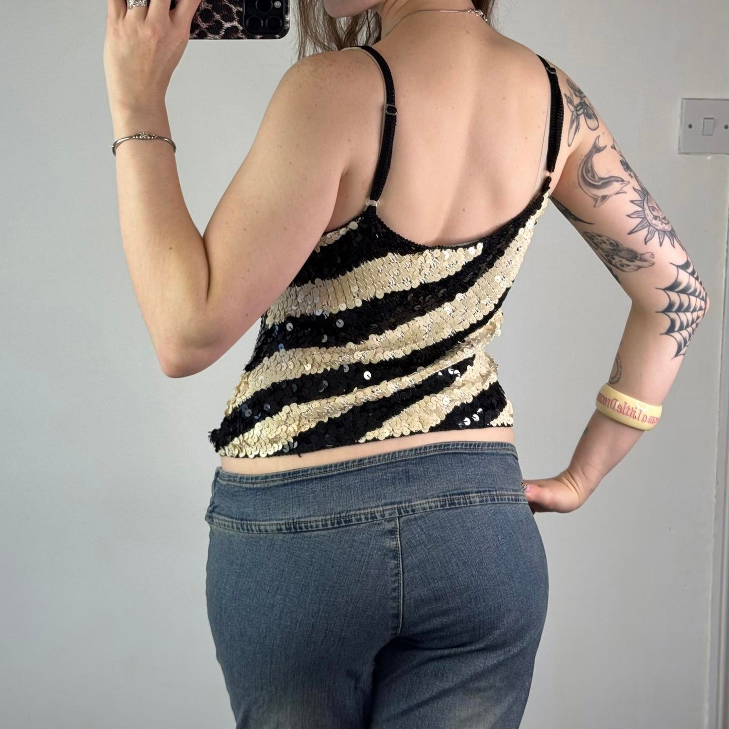 Y2K vintage sequin stripe cami top round neck crochet knit strappy festival