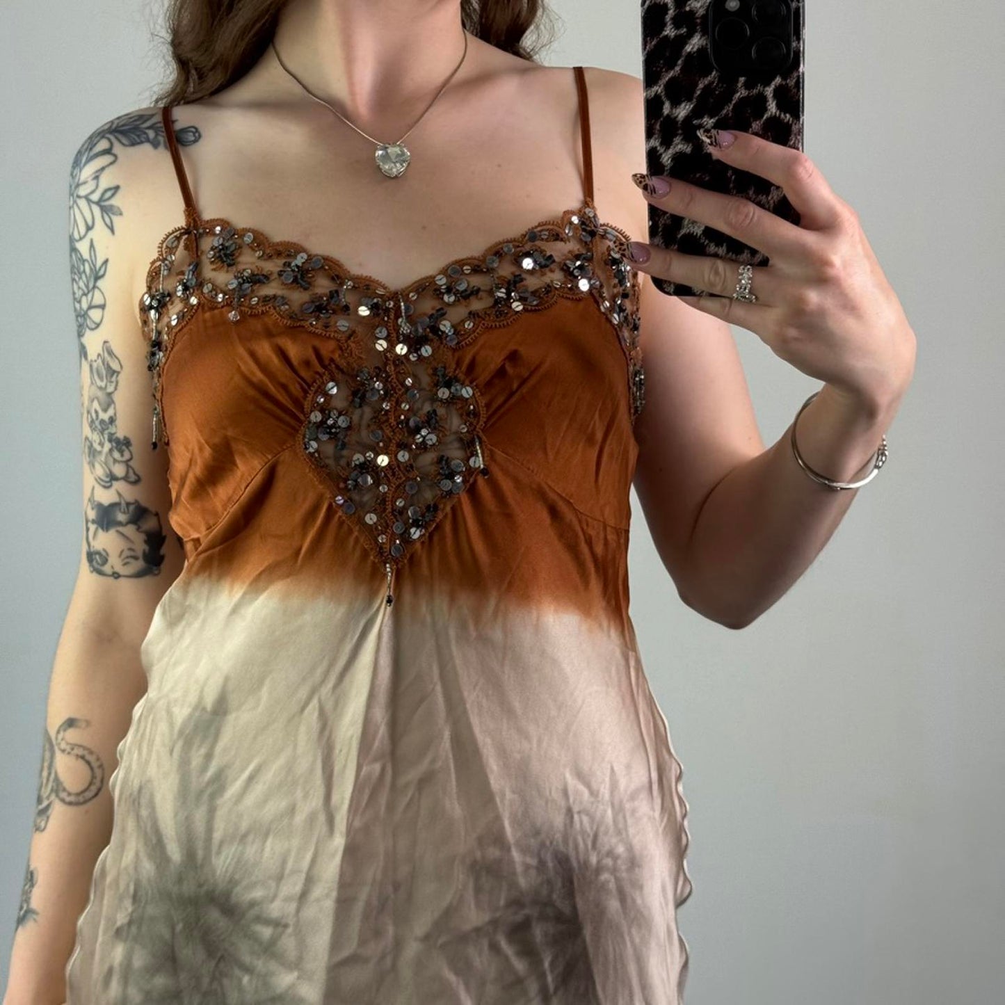 Y2K vintage Pinko 100% silk ombre sequin beaded embellished mini dress lace trim