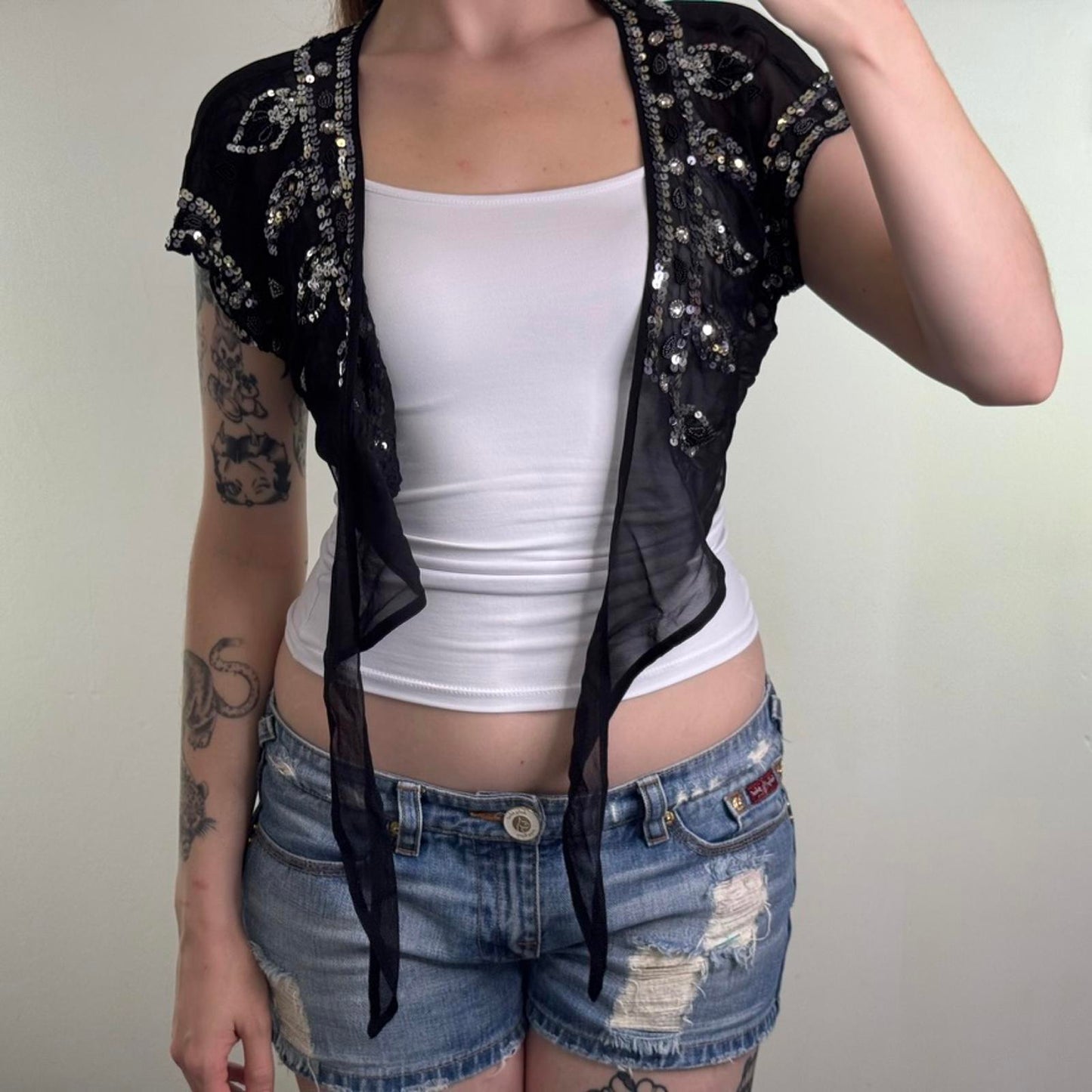 Y2K vintage 100% silk cropped cardigan shrug sheer beaded sequin bow embellished