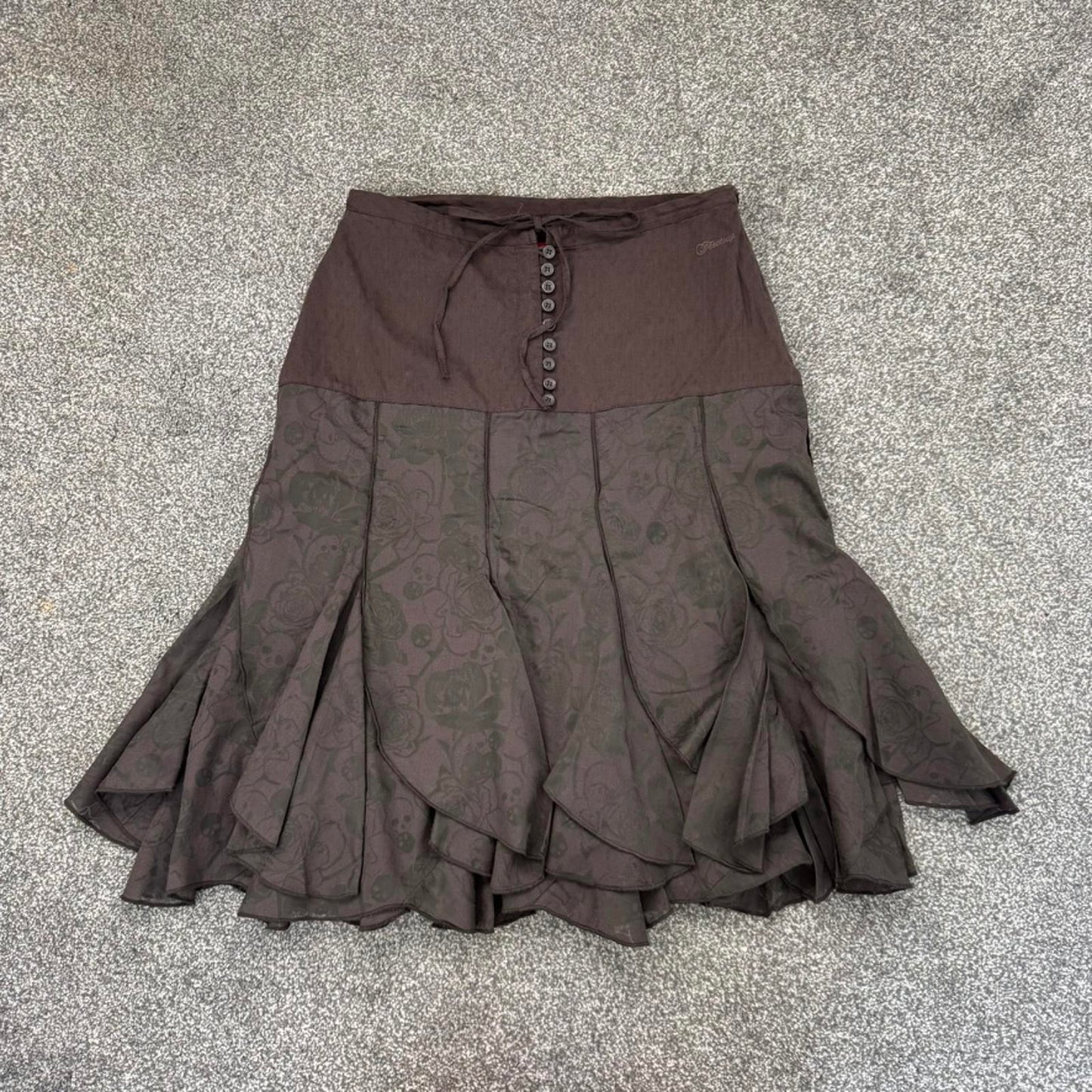 Y2K vintage Firestrap midi skirt skull roses brown button up bow a line frill