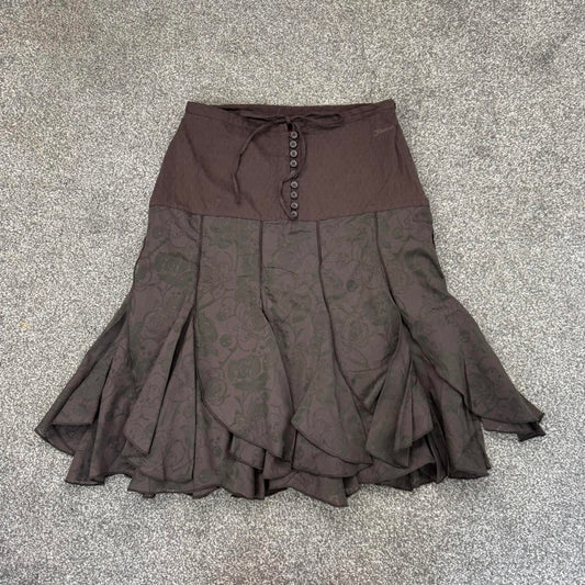 Y2K vintage Firestrap midi skirt skull roses brown button up bow a line frill