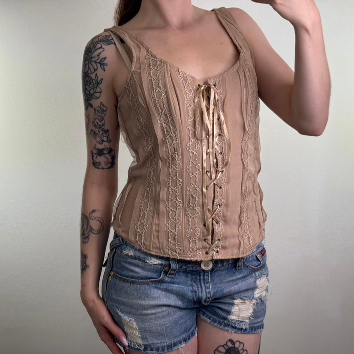 Y2K vintage boned lace up bustier top bow beige fitted tank structured