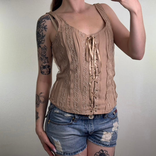 Y2K vintage boned lace up bustier top bow beige fitted tank structured