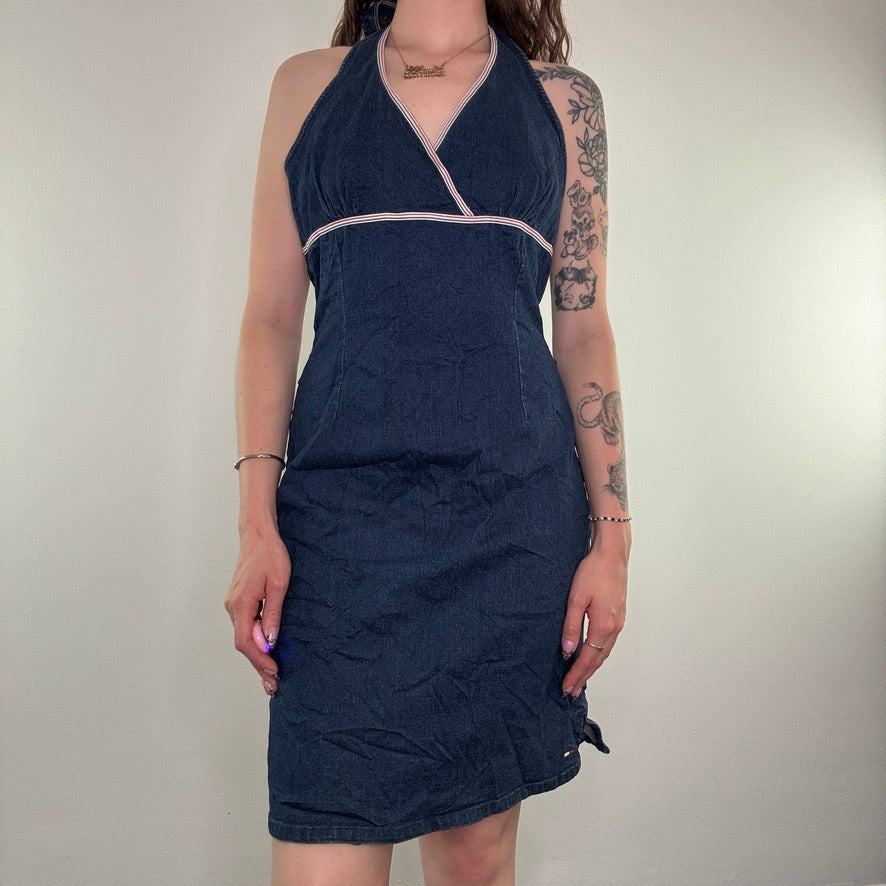 Y2K vintage Tommy Hilfiger halter neck stretchy denim midi dress