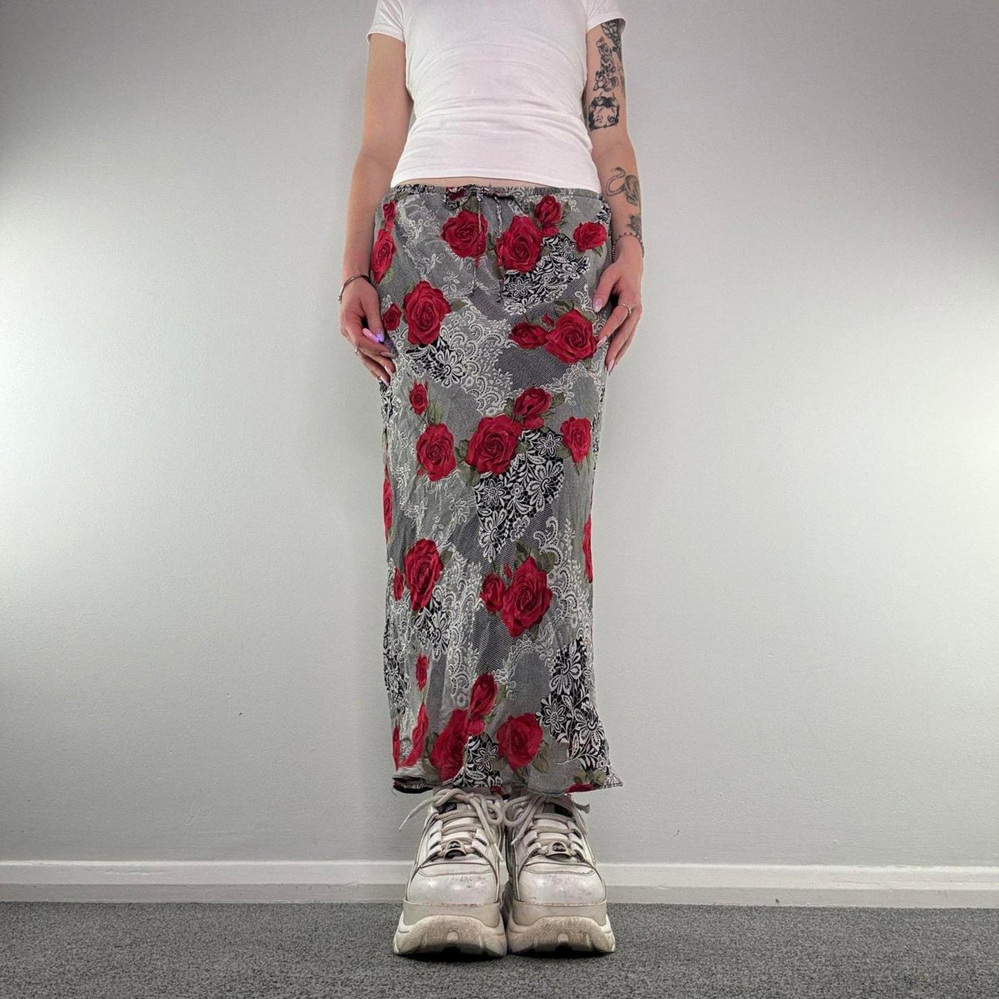 Y2K vintage patchwork lace style rose floral pattern bow maxi skirt stretchy