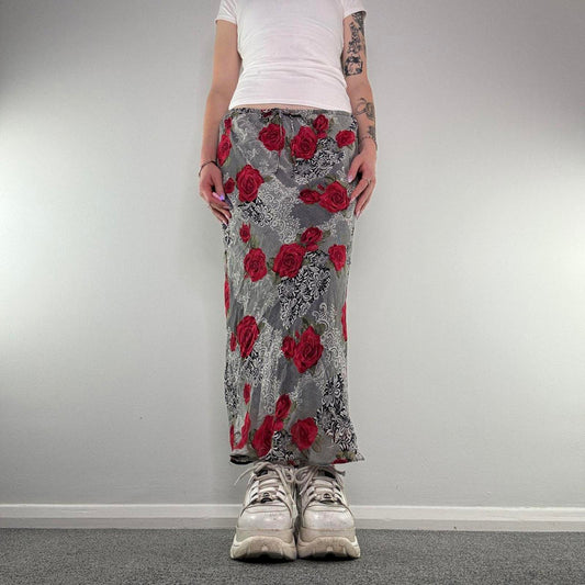 Y2K vintage patchwork lace style rose floral pattern bow maxi skirt stretchy