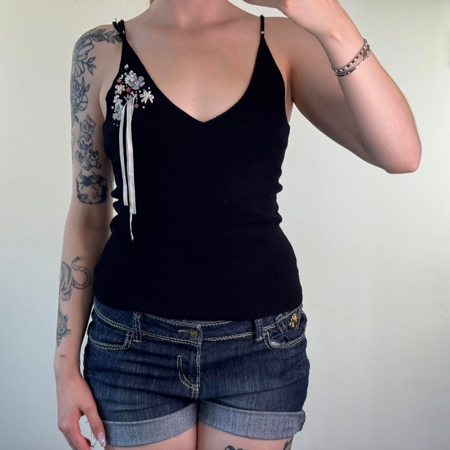 Y2K vintage fine knit cami top strappy rhinestones embellished flowers beaded