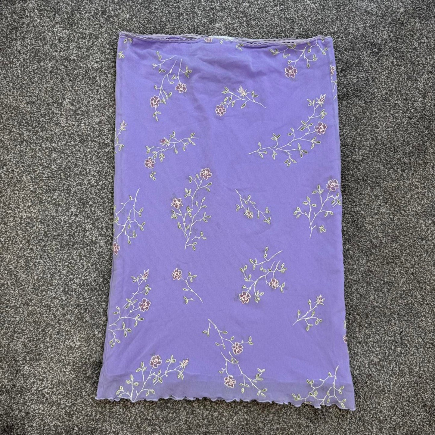 Y2K vintage lilac mesh ditsy floral midi skirt double layered lettuce hem