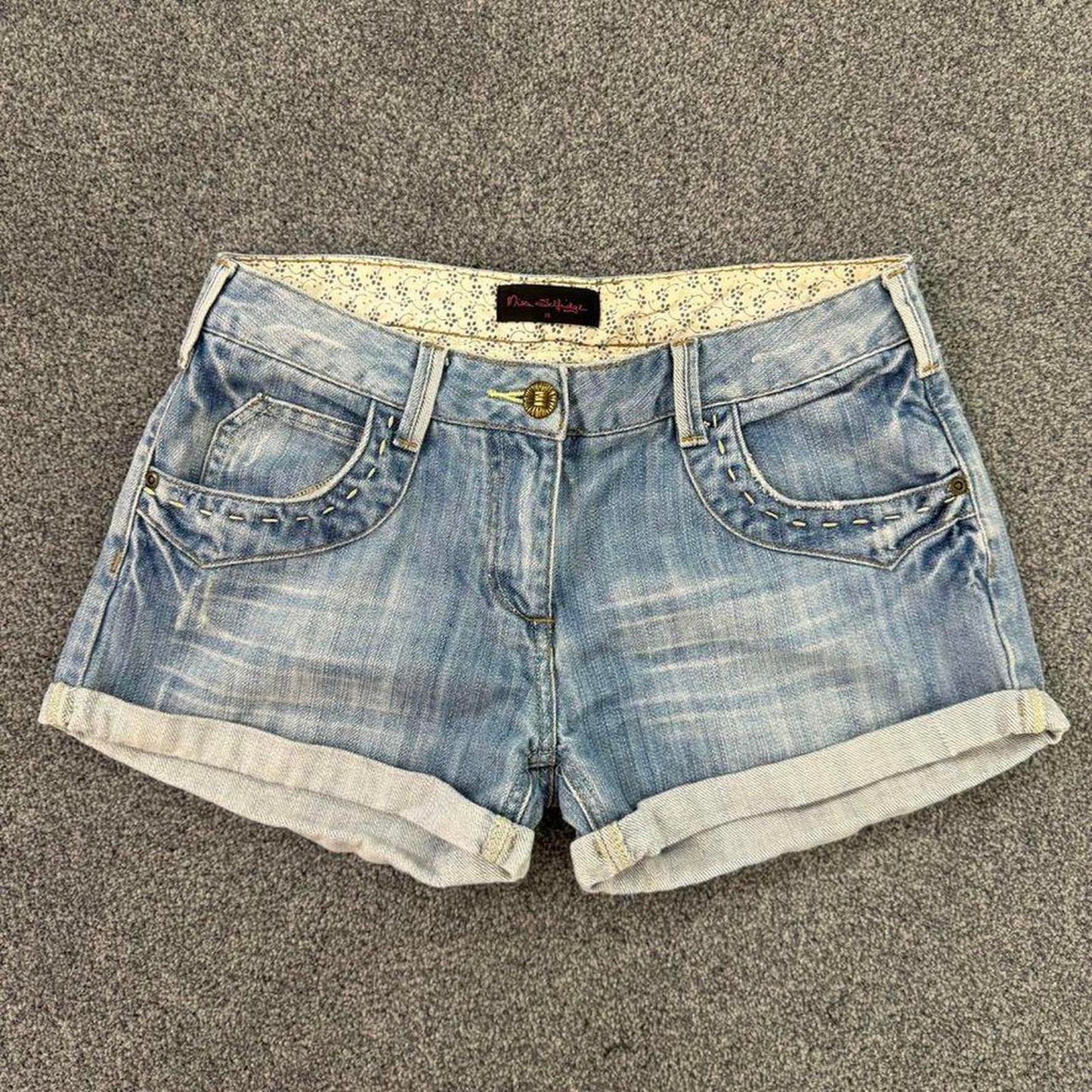 Vintage low rise contrast stitch mini denim shorts light blue turned up hem