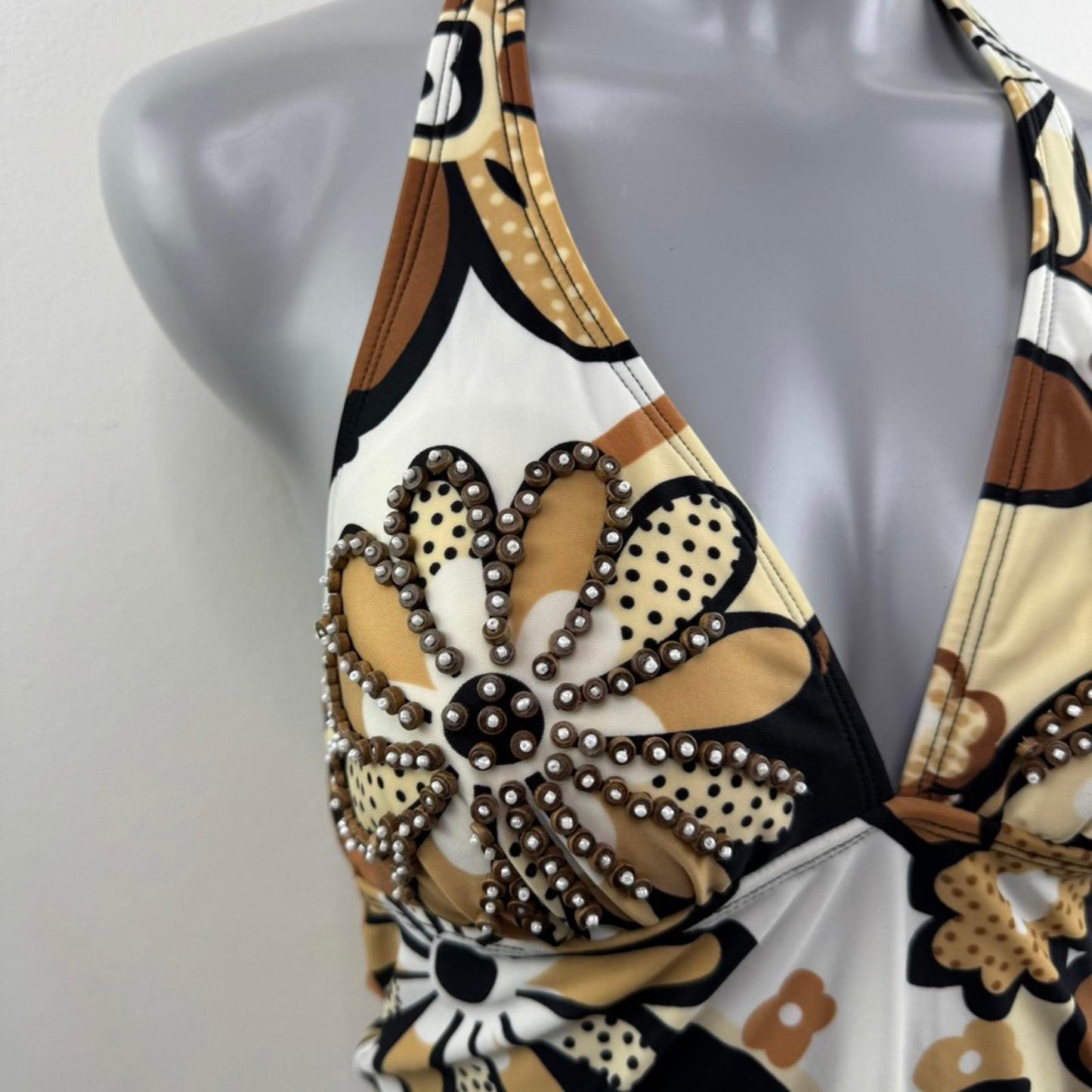 Y2K vintage halter neck swimwear top v neck padded bust beaded floral pattern