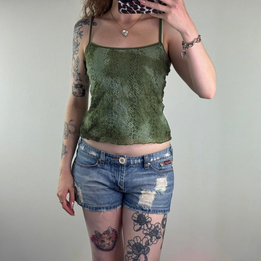 Y2K vintage double mesh overlay cami top lace stretchy green ombre slight crop