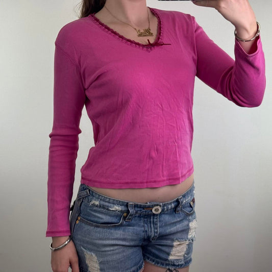 Y2K vintage long sleeve top pink v neck bow ribbon basic staple