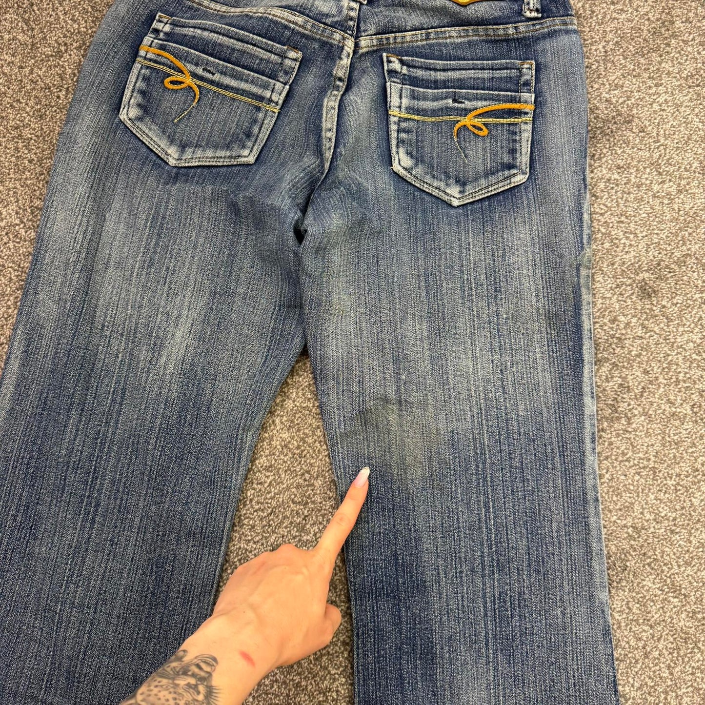 Y2K vintage mid rise bootcut flare denim jeans stretchy faded embroidered