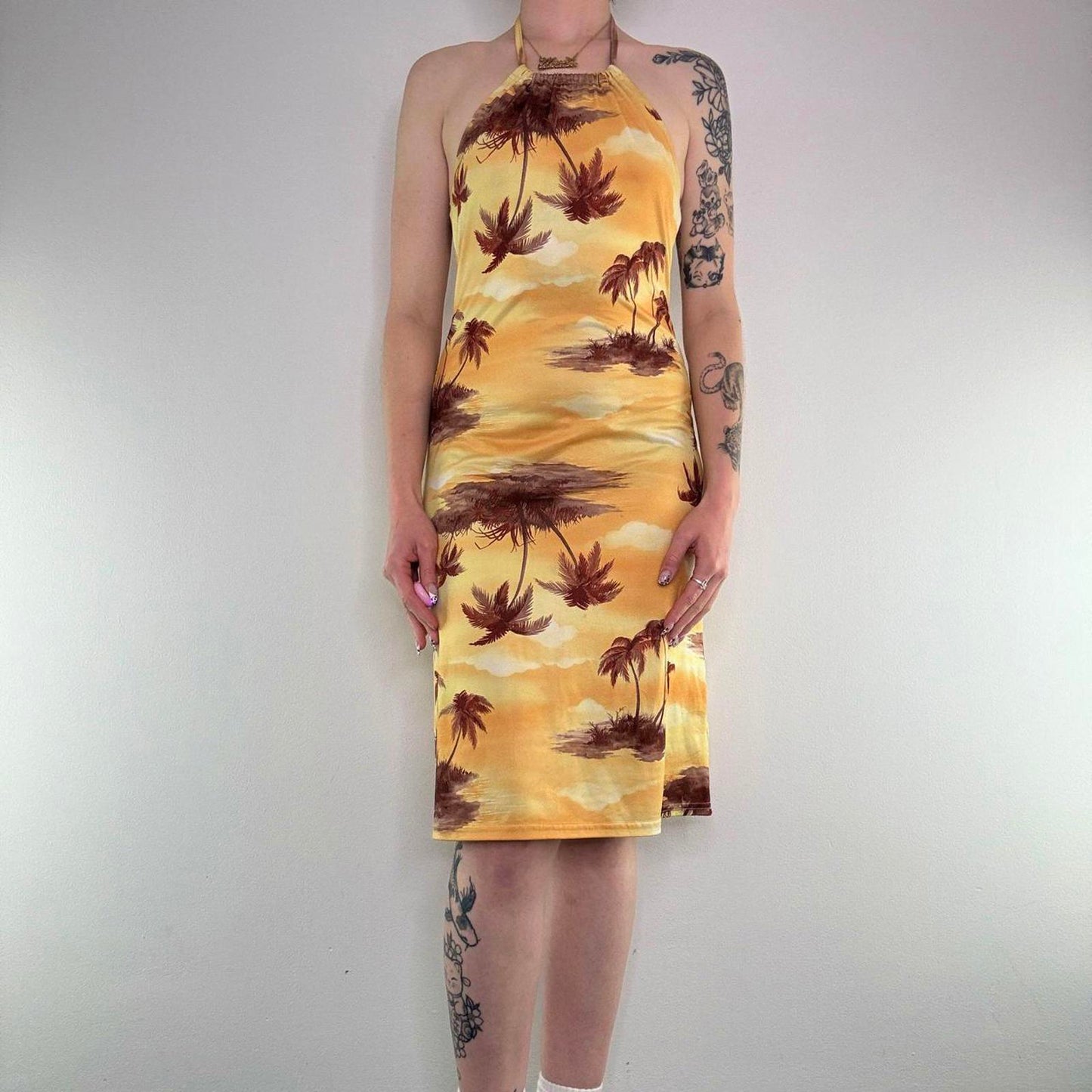 Y2K vintage stretchy summer sunset palm tree halter neck midi dress beach