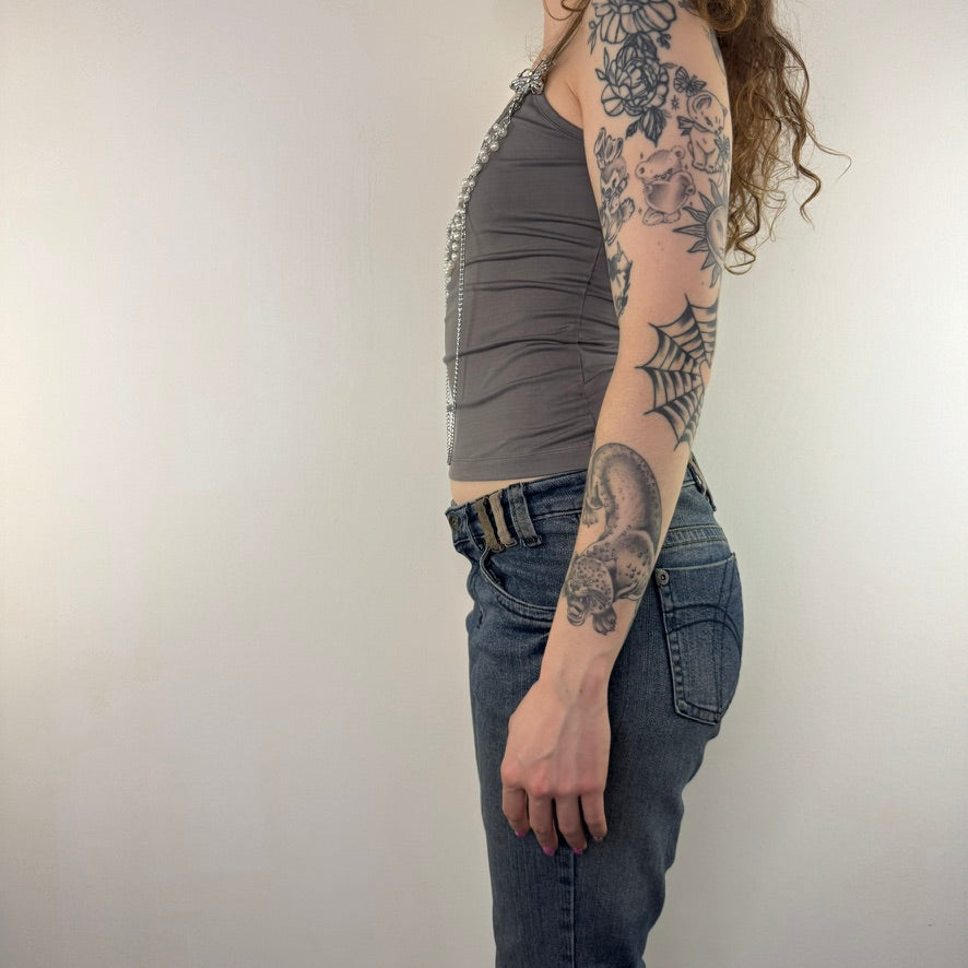 Y2K vintage grey slinky cami top with chain beads