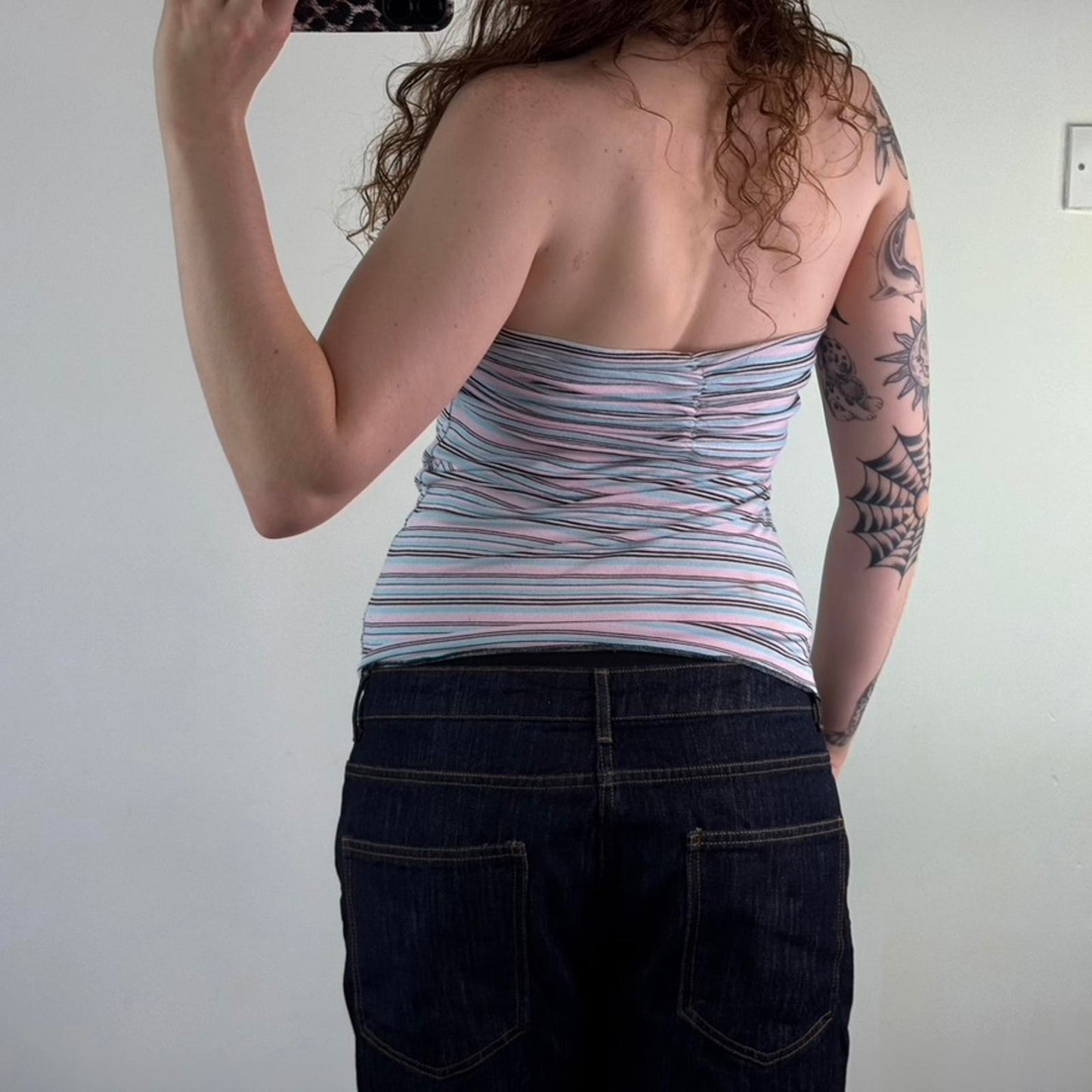 Y2K vintage stripe strapless ruched bust top stretchy pink blue black