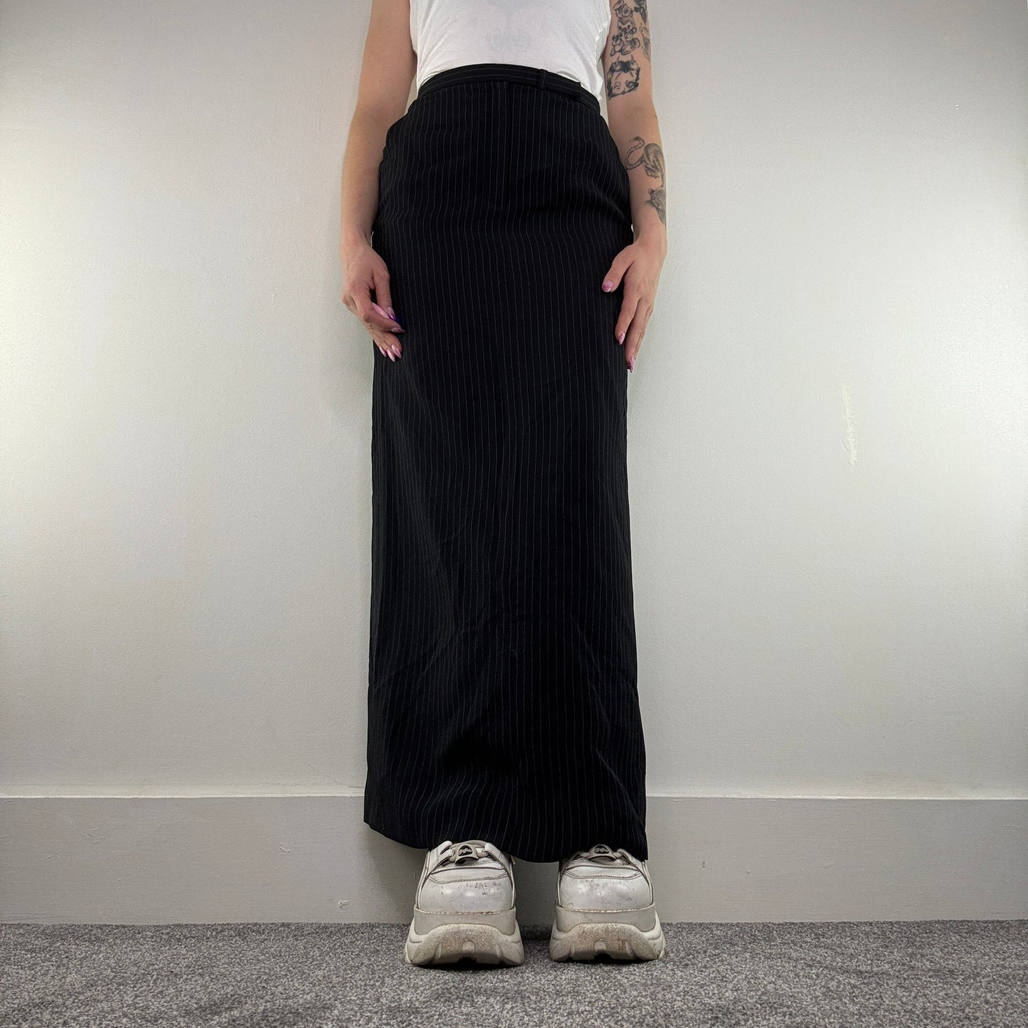 Y2K vintage pinstripe maxi skirt with pockets suit formal tailored office smart