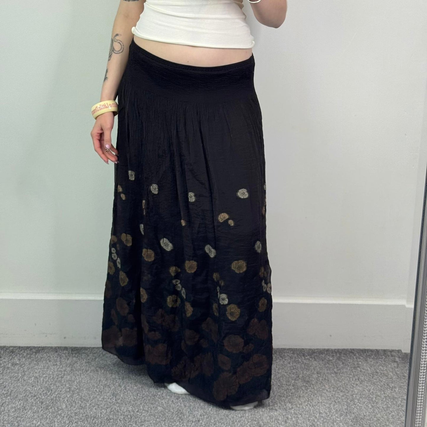 Y2K vintage stretchy maxi skirt floral sheer double overlay brown a line