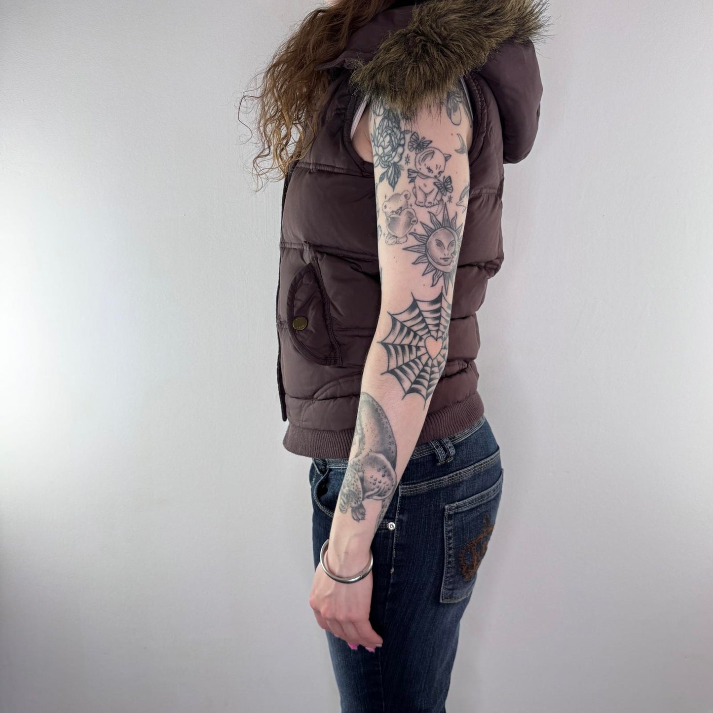 Y2K vintage padded faux fur trim gilet body warmer zip up feather down mcbling