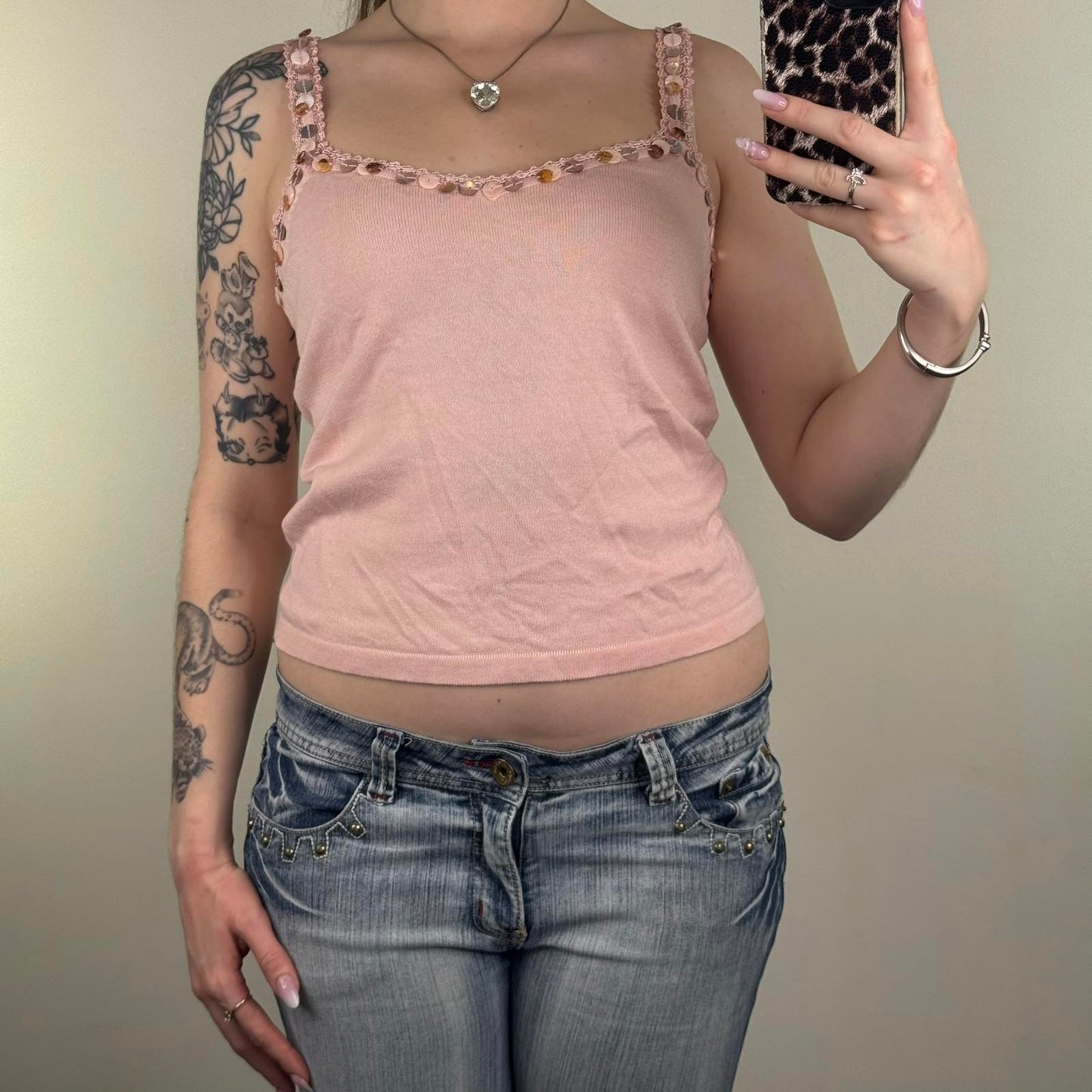 Y2K vintage fine knit cami top shell buttons embellished trim light pink