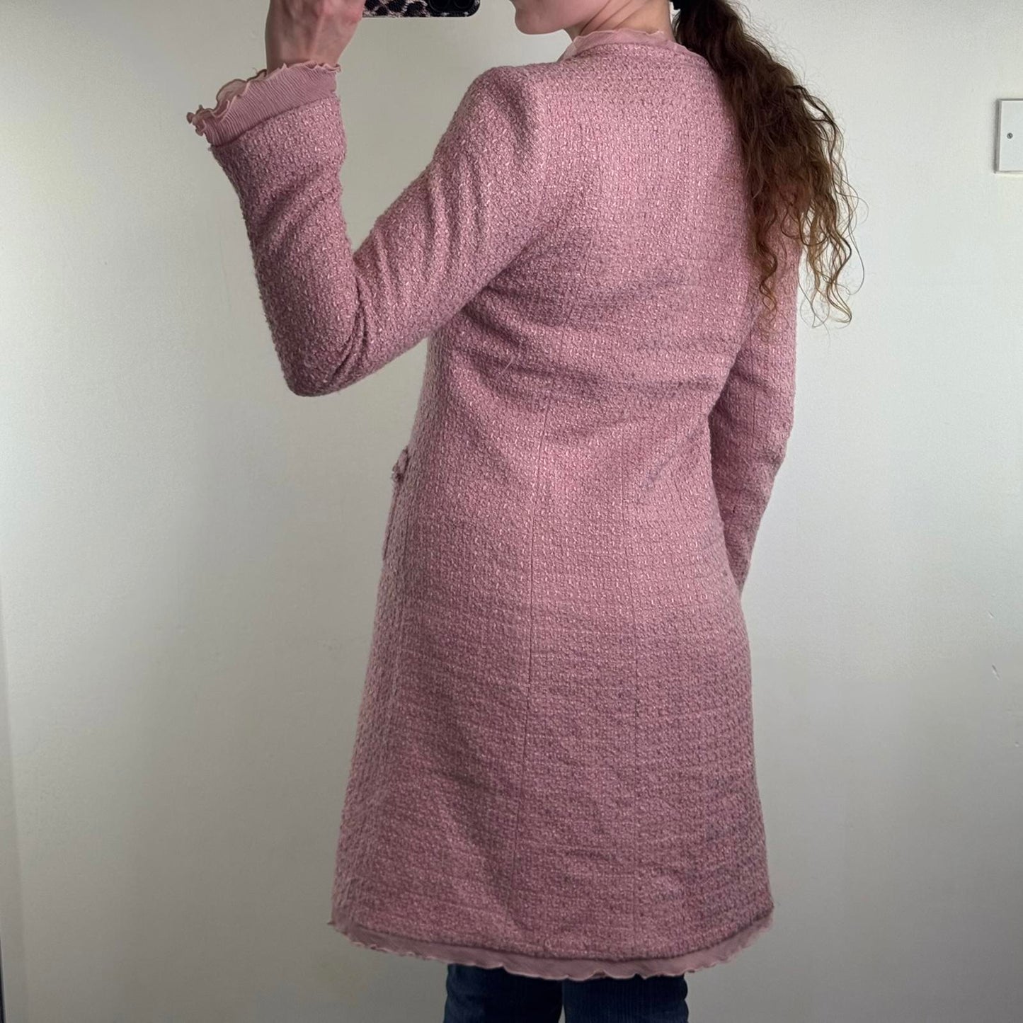 Y2K vintage wool blend long trench coat shoulder pads frill pink bow tweed