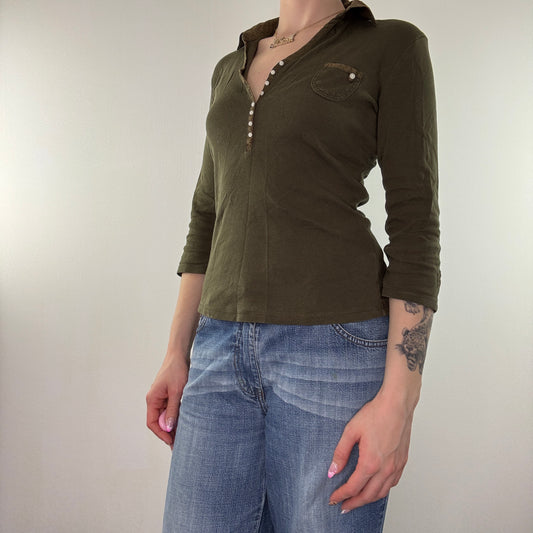 Y2K vintage khaki henley 3/4 sleeve polo top