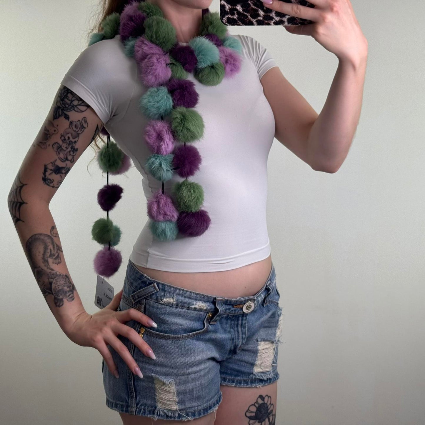 Genuine fur pom pom scarf medium length size purple green blue lilac multi