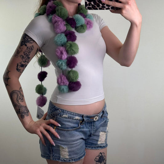 Genuine fur pom pom scarf medium length size purple green blue lilac multi
