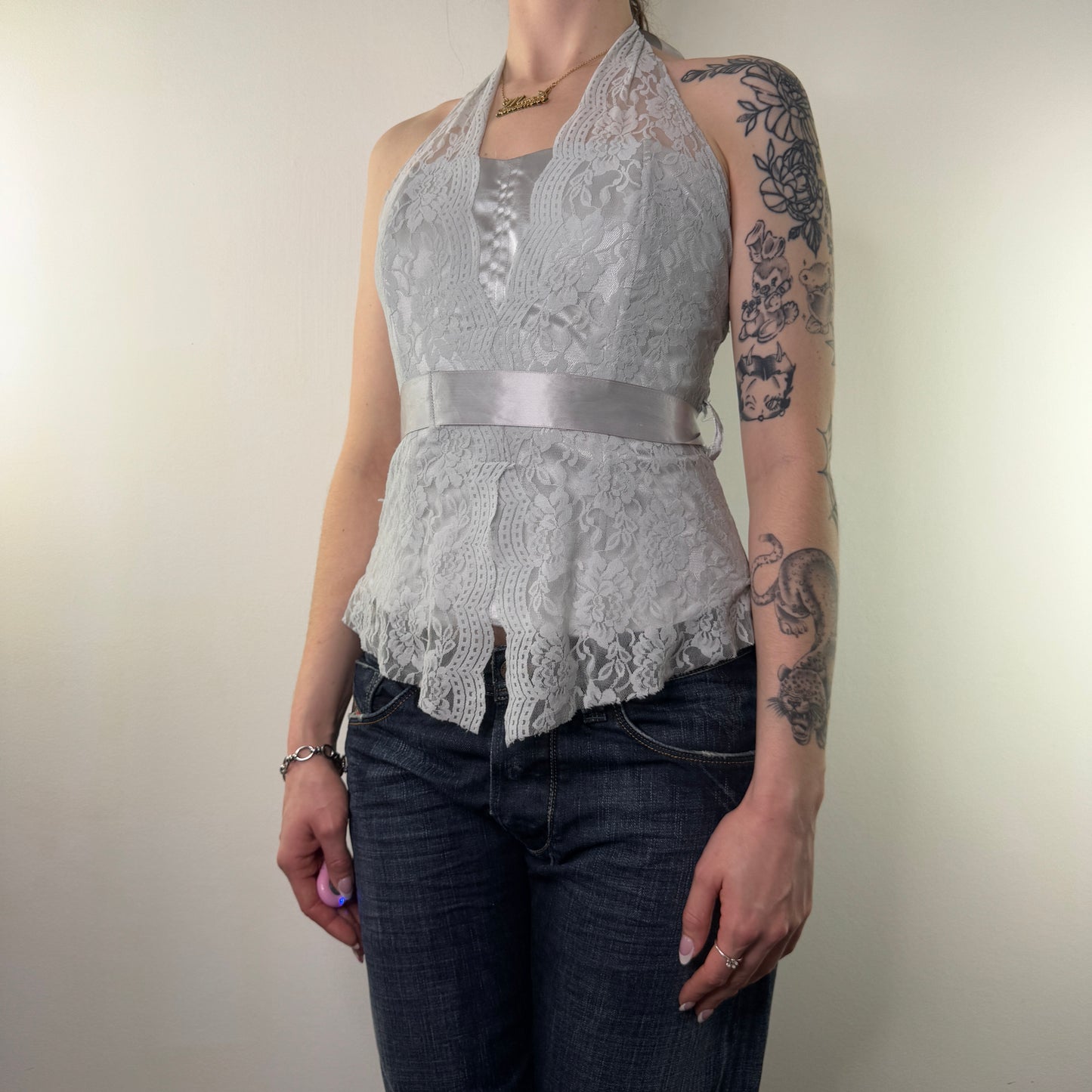 Y2K vintage halter neck lace boned top