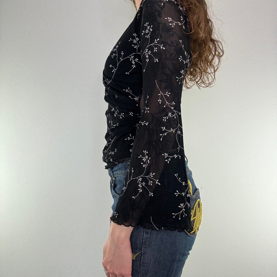 Y2K mesh floral flare long sleeve top