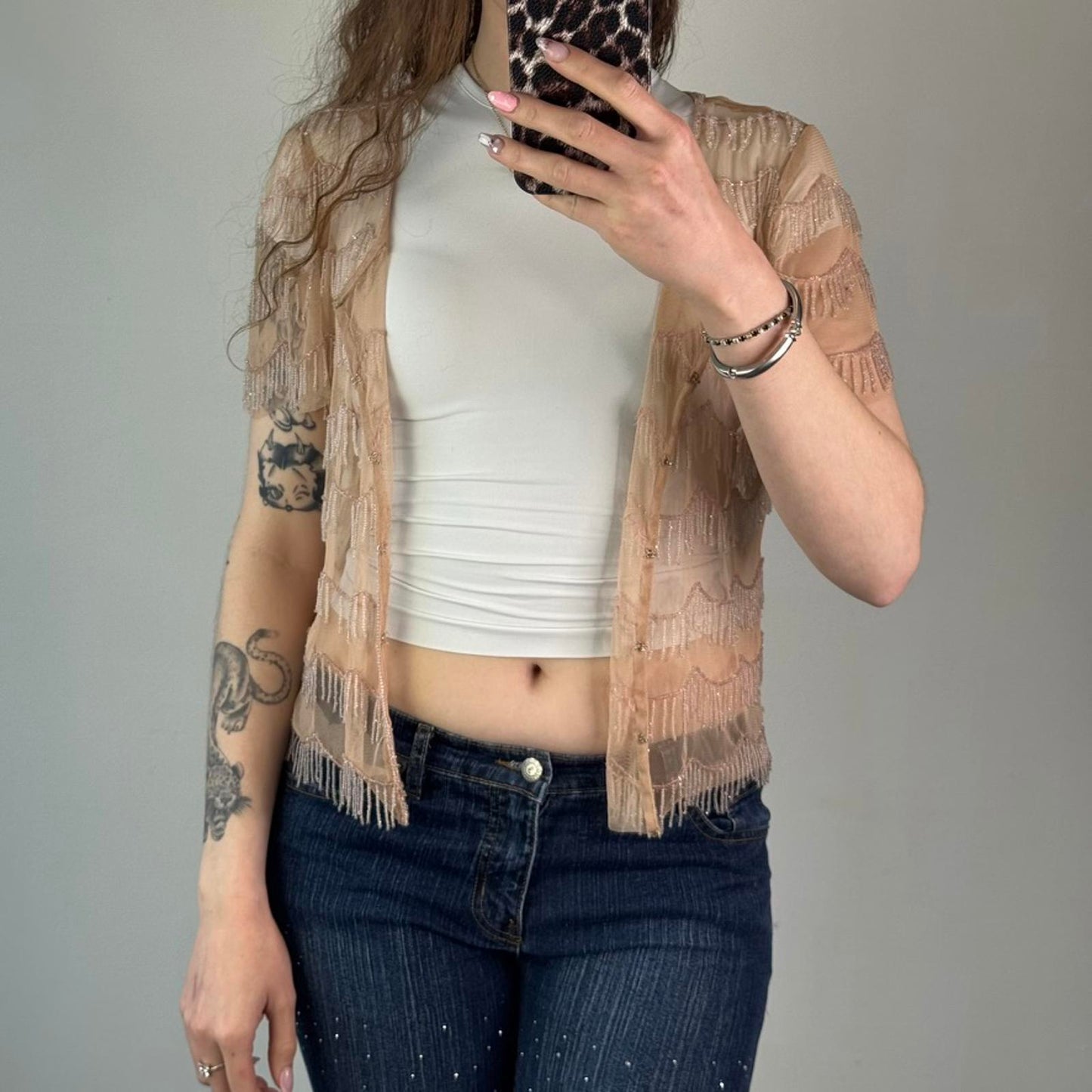 Y2K vintage peach mesh beaded tassel hook and eye short sleeve cardigan