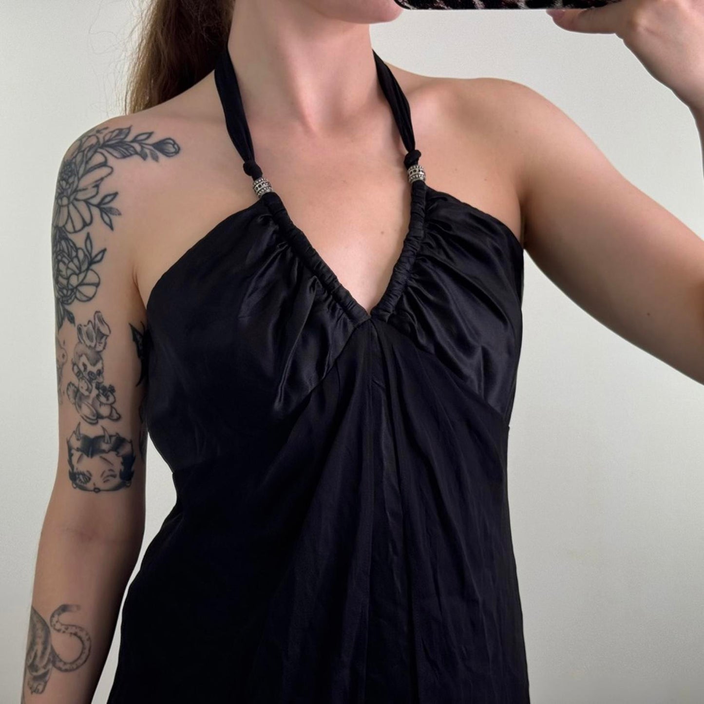 Y2K vintage 100% silk halter neck midi dress open front a line lightweight