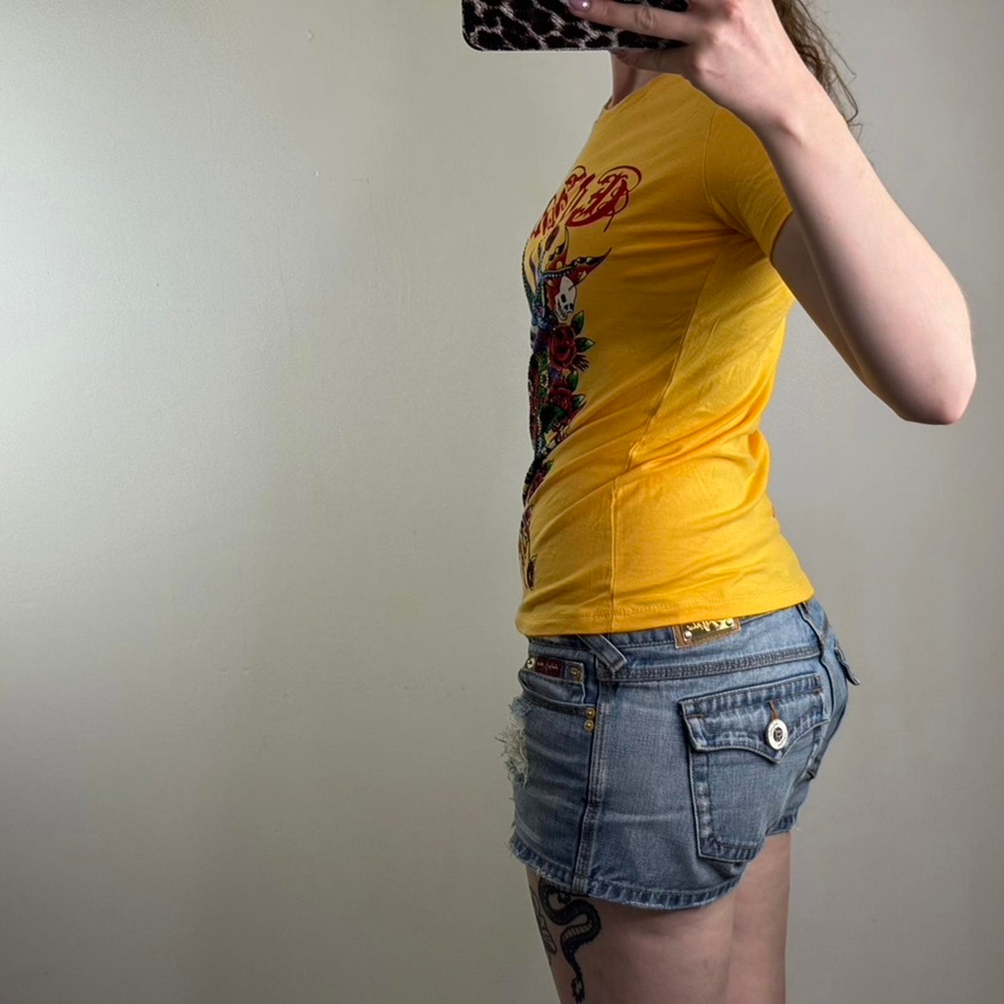 Y2K vintage Ed Hardy rhinestone short sleeve t shirt top yellow red rose graphic