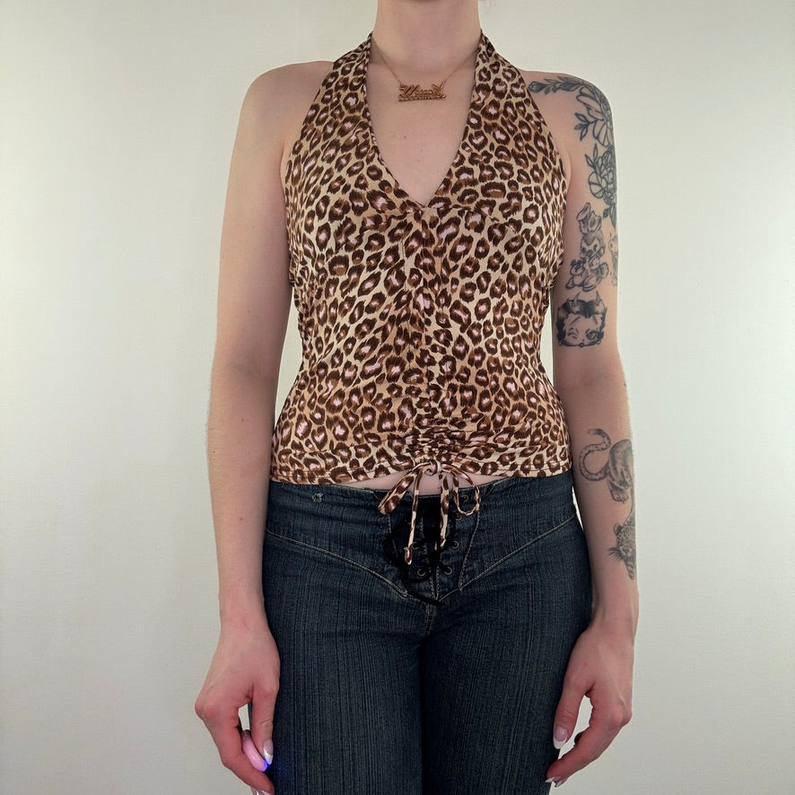 Y2K vintage leopard print halter neck ruched top