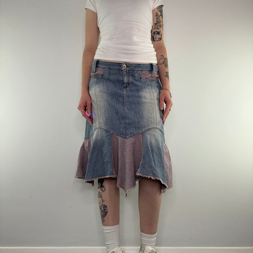 Y2K light denim patchwork frill fraying hem midi skirt