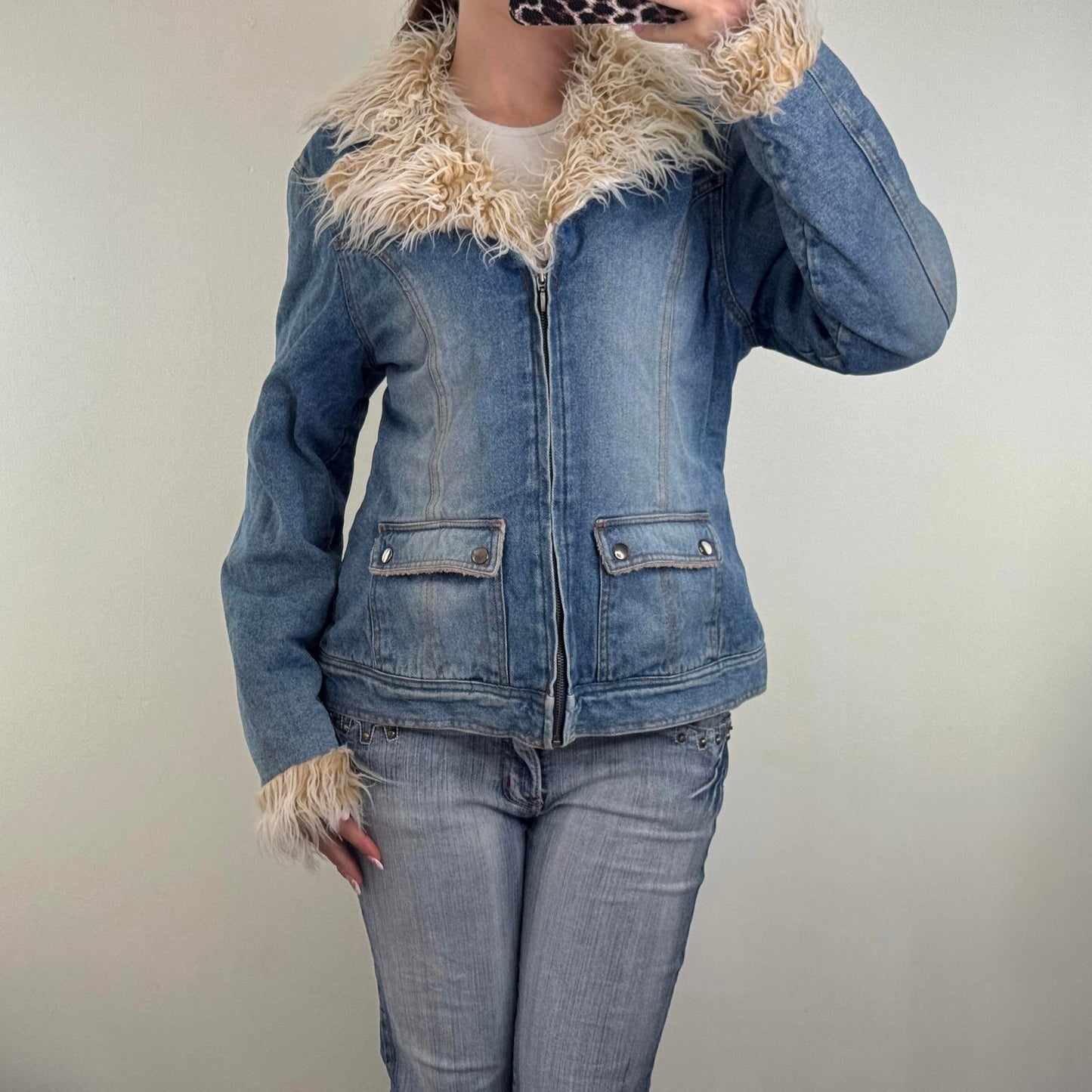Y2K vintage Tammy denim jacket zip up faux fur trim fleece lined cargo pockets