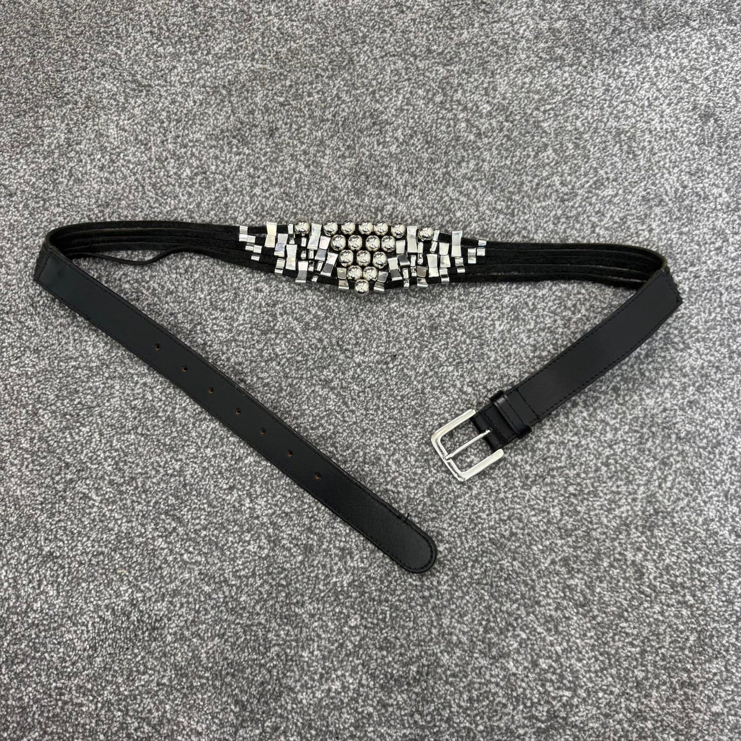 Y2K vintage faux leather silver beaded charm embellished black