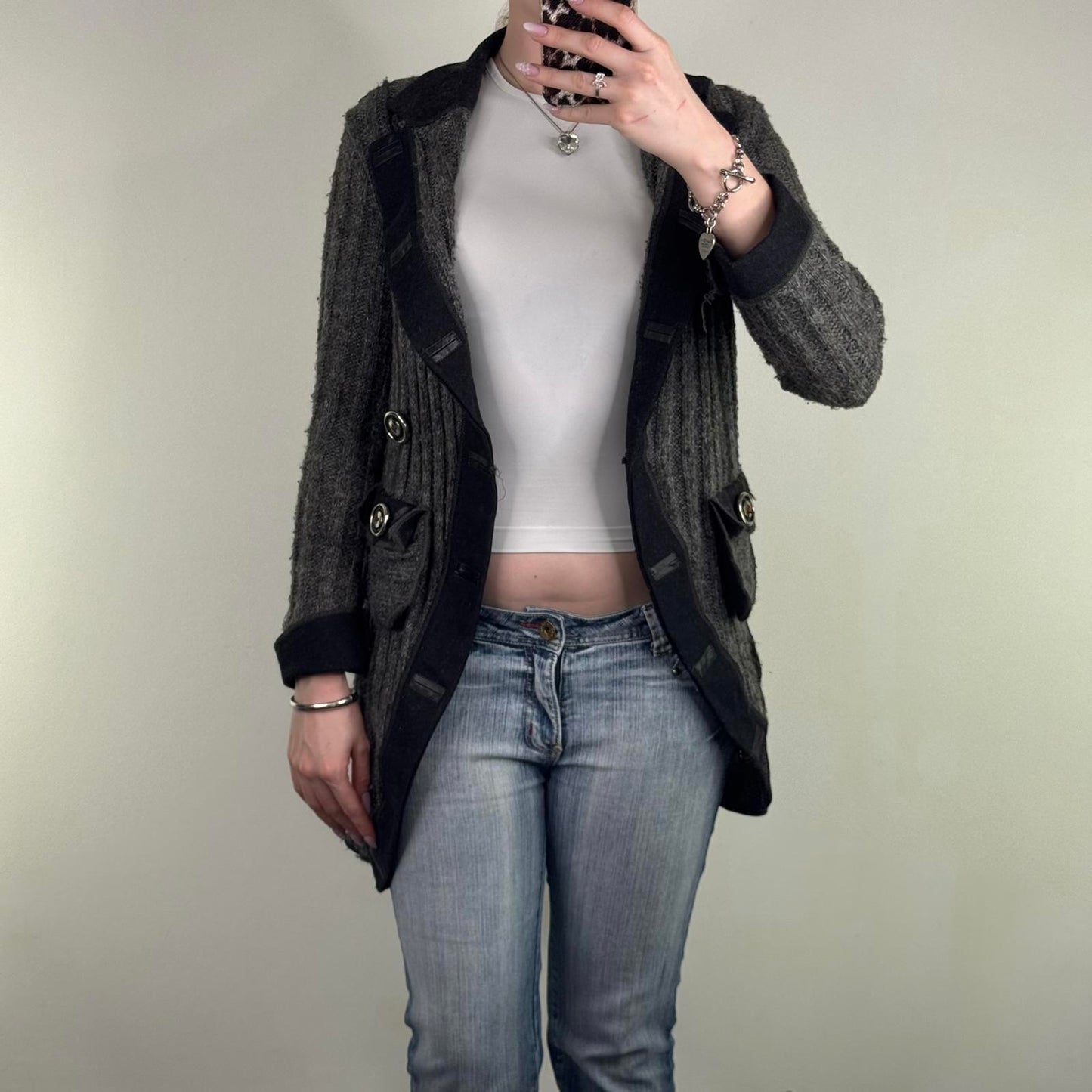 Y2K vintage mohair blend cardigan ribbed mid length v neck black grey fitted