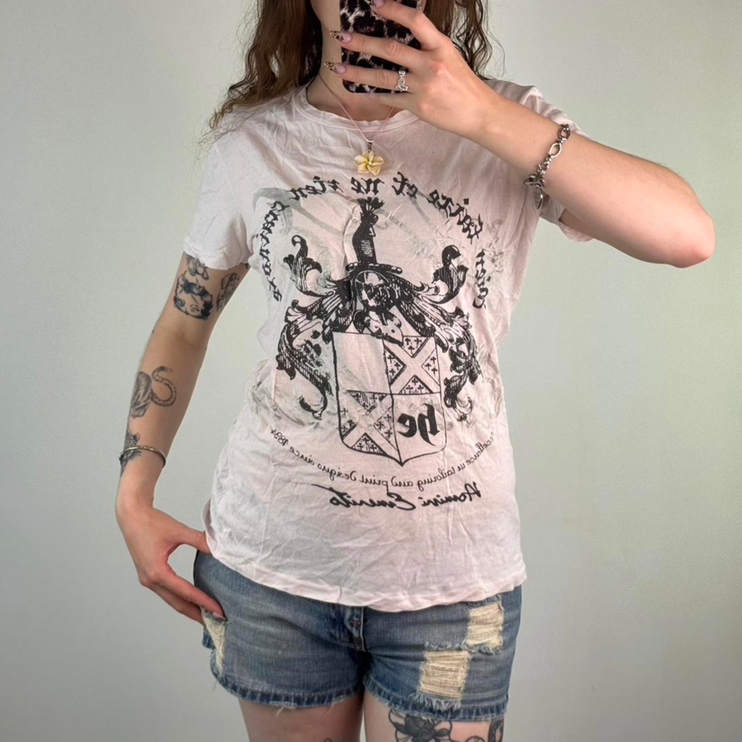 Y2K vintage sheer baby pink t shirt graphic print filigree text jesse pinkman