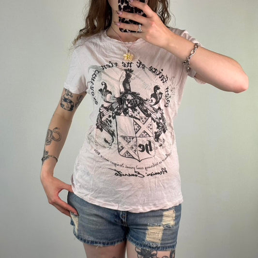 Y2K vintage sheer baby pink t shirt graphic print filigree text jesse pinkman