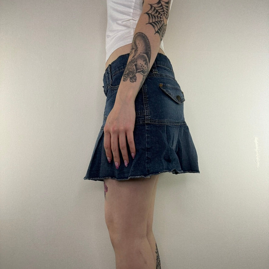 Y2K vintage low rise skirt mini denim half pleated faded stretchy cargo short