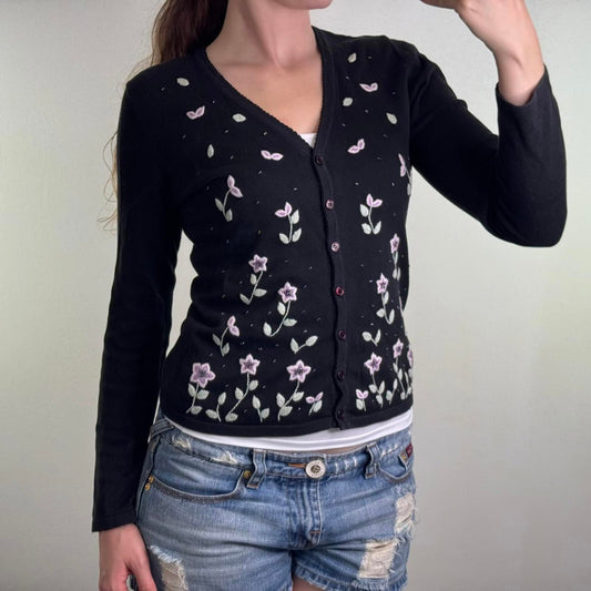 Y2K vintage Etam button up fine knit cardigan floral embroidered beaded v neck