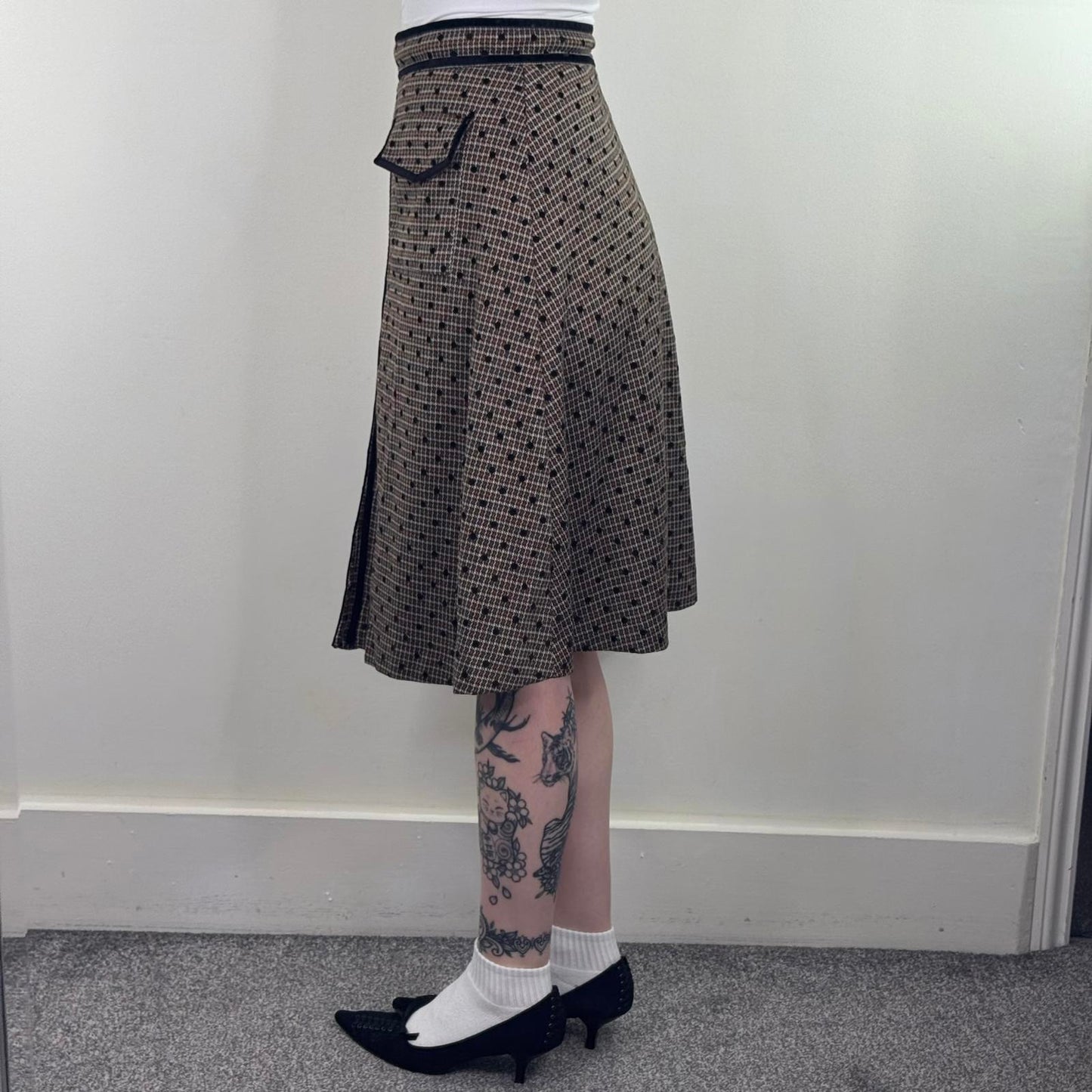 Y2K vintage polka dot midi skirt a line houndstooth velvet trim flowy circle