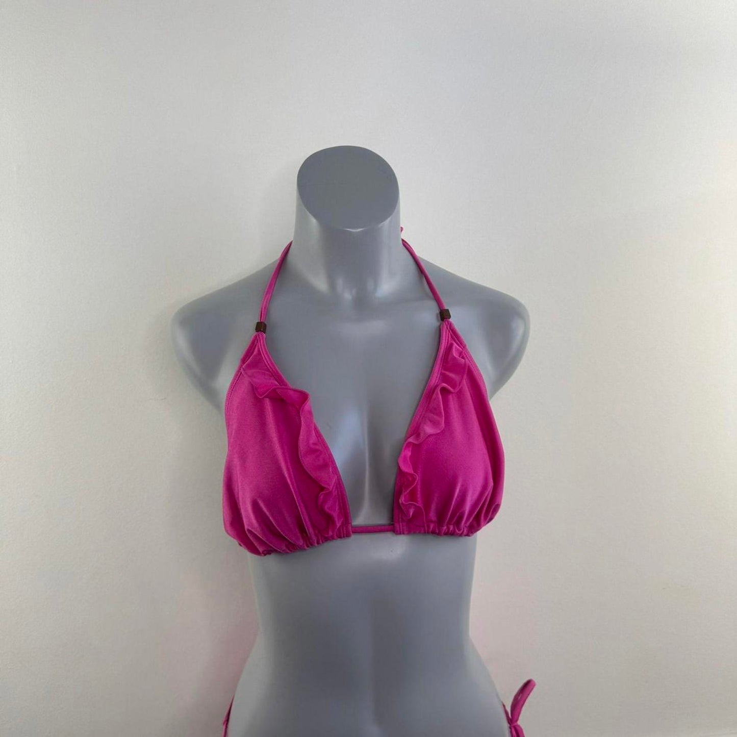 Y2K vintage shimmer matching bikini set halter neck ruffle frilly hot pink