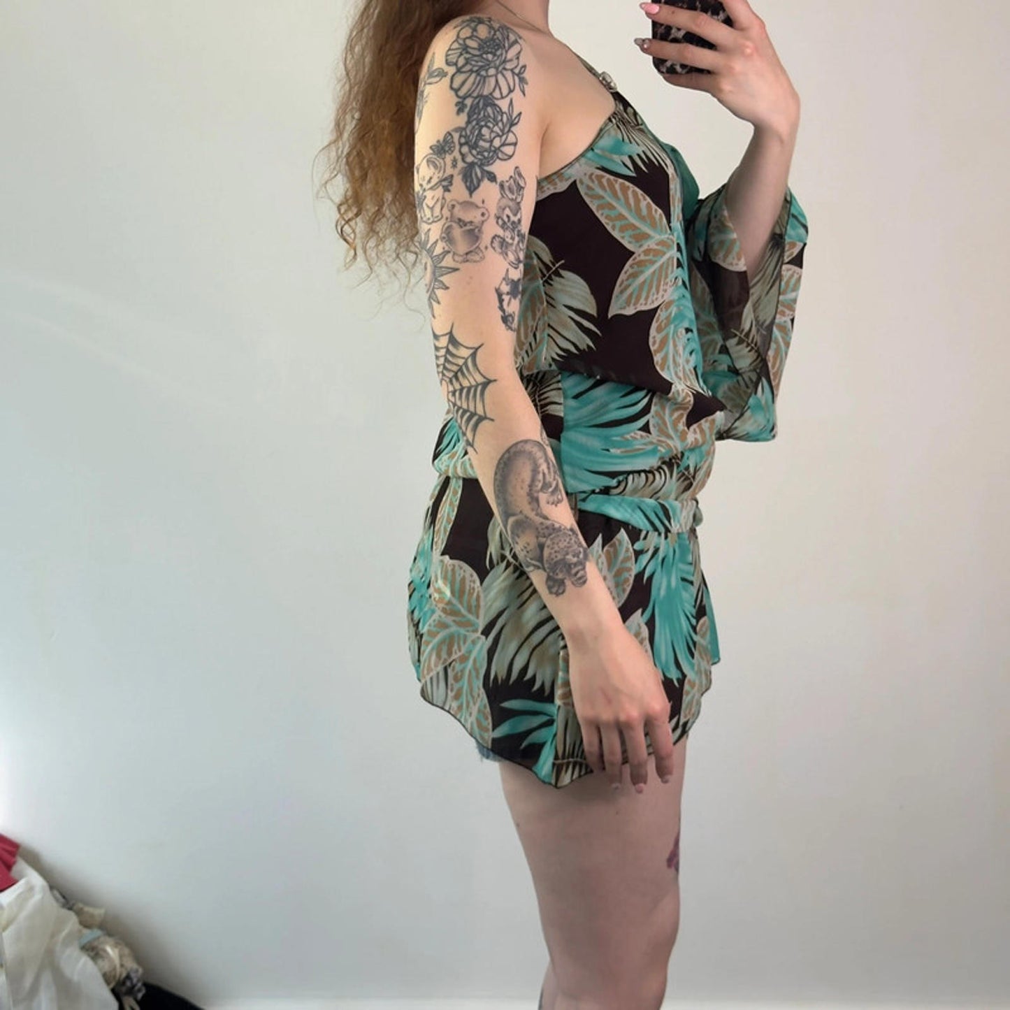 Y2k vintage flowy one shoulder summer long top palm tree summer flare sleeve