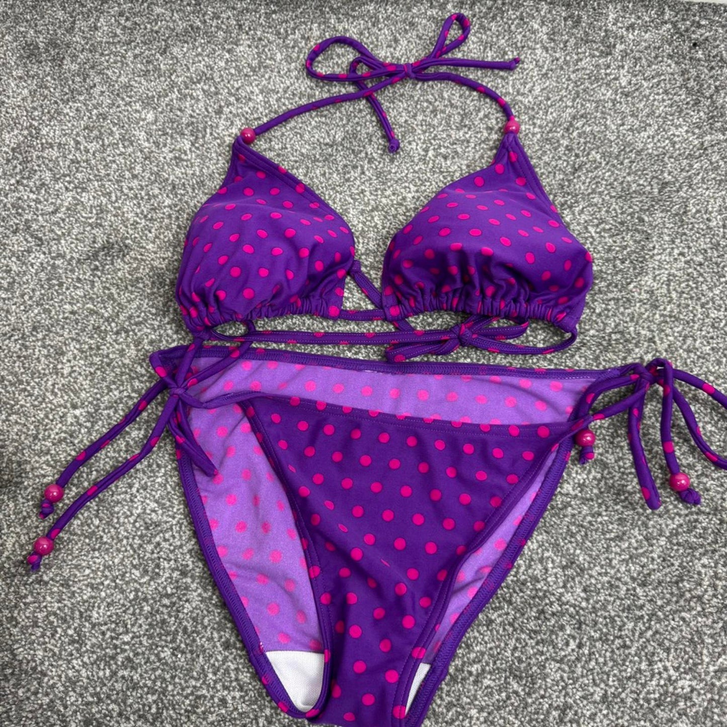 Y2K vintage polka dot matching bikini set halter neck beaded padding