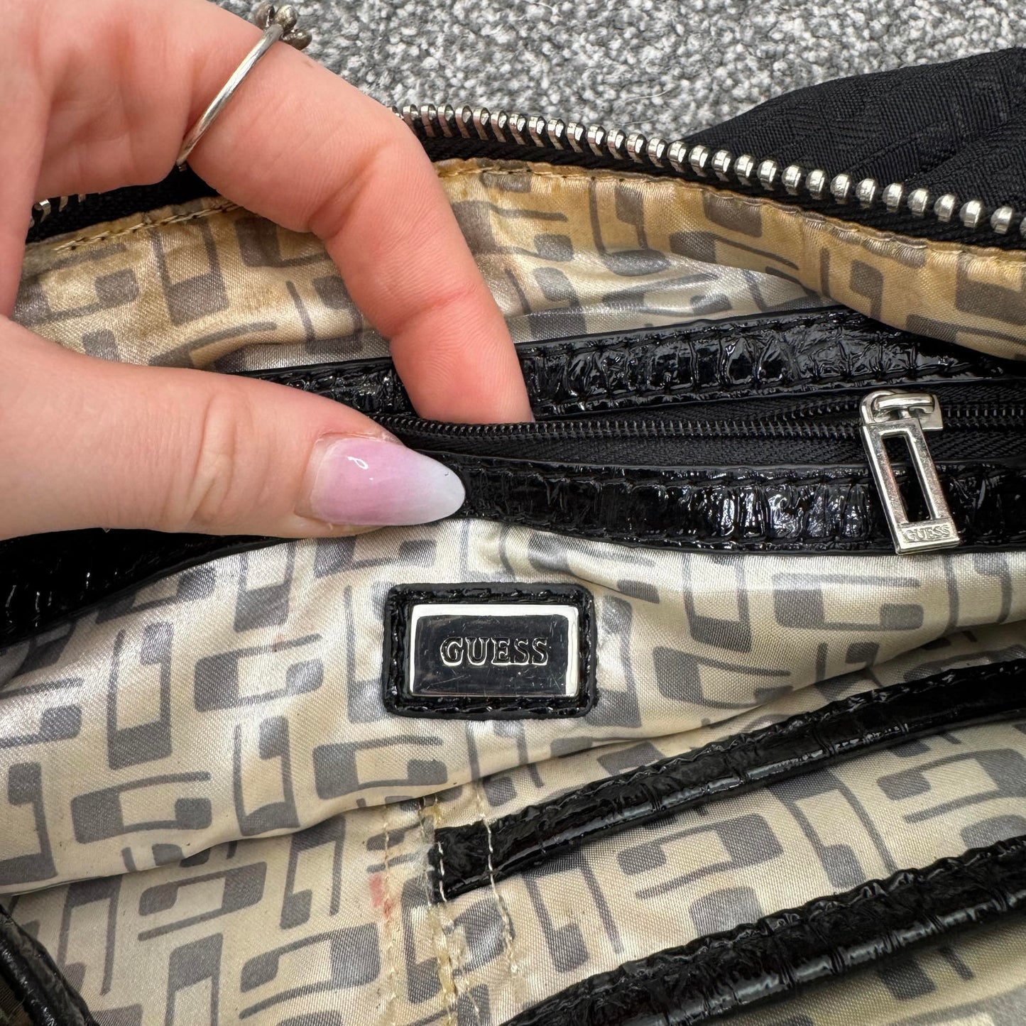 Y2K vintage Guess mini shoulder bag small black silver ruched studded canvas