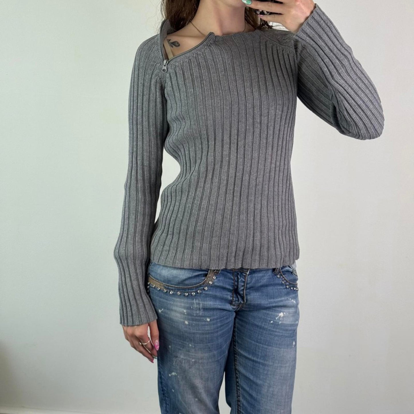 Y2K vintage asymmetrical side zipper ribbed chunky knit jumper high neck