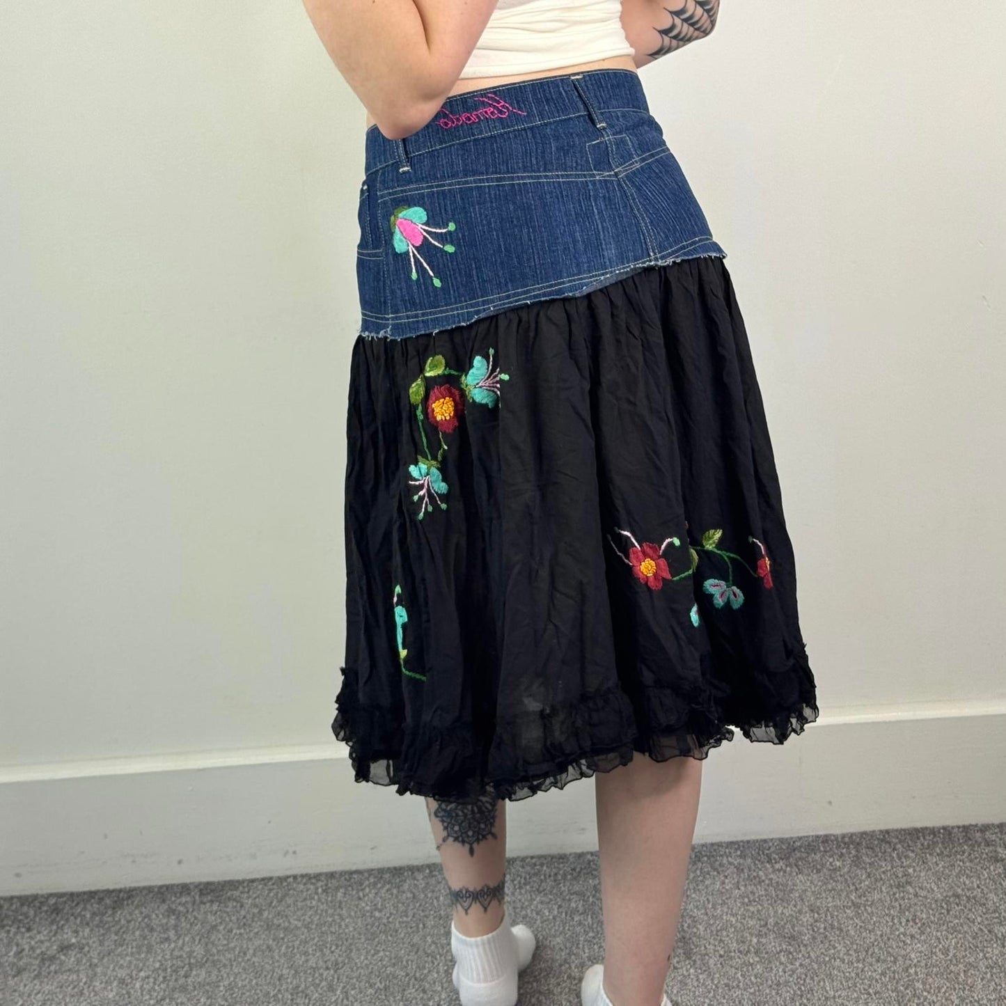 Y2K vintage boho denim cotton tiered embroidered midi skirt floral bird ruffle